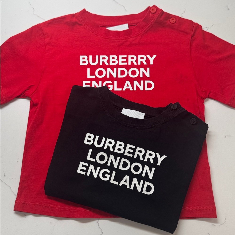 SOLD: Burberry Kids Red & Black Logo Short Sleeve Tees